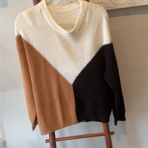 Colorblock Sweater - Black, White, and Tan